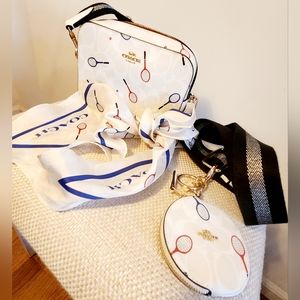 Coach mini camera bag, scarf, & coin pouch in signature canvas w/ racquet print